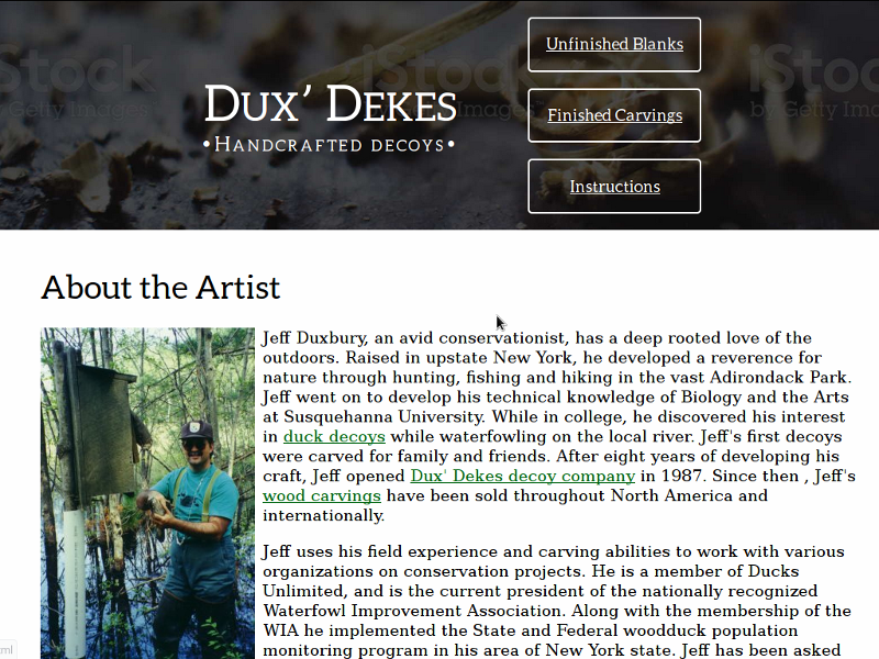 A screenshot of Dux' Dekes Handcrafted Decoys
