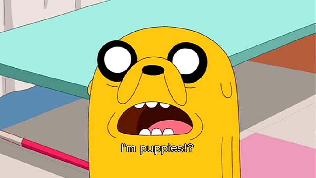 A screenshot of Jake the Dog, from Adventure Time, Season 4, Episode 19, 'Lady & Peebles'.